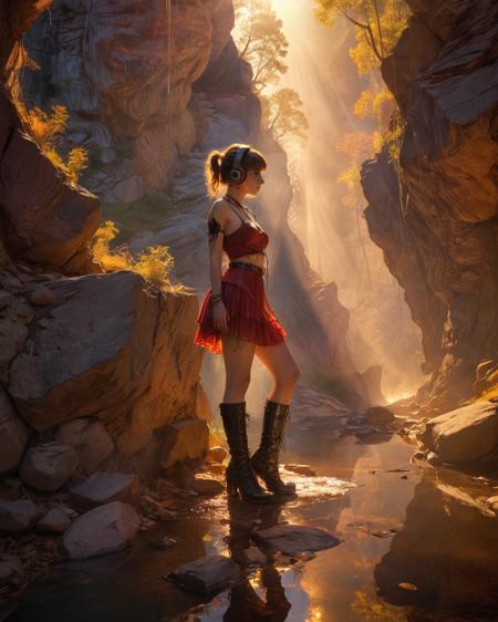 headphones, (full body:1.8), fantasy, punk, artistic, shafts of sunlight, (transparency:1.7),  lasers, mist, reflections, intense colors, miniskirt, goth boots, golden hour, (high resolution realistic photo:1.9),  outdoors, canyon, reflections, <lora:add-detail-xl:0.75> <lora:xl_more_art-full_v1:0.5> , airy transparency <lora:Maxfield Parrish Style:1> Maxfield Parrish Style page, chiaroscuro, neon, refracted light, prismatic, crimson