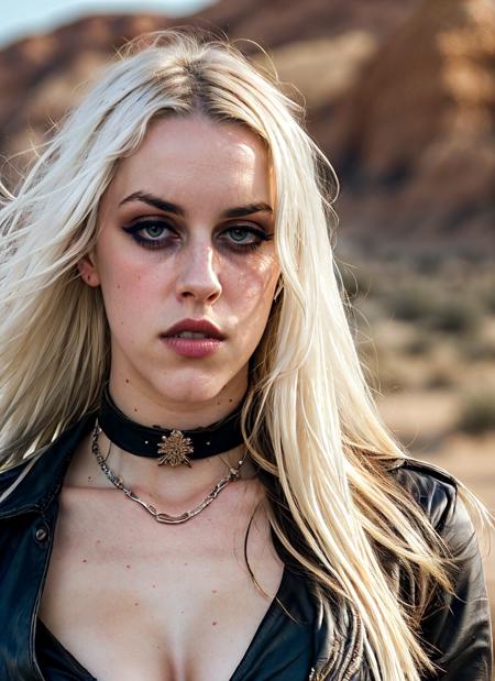 A stunning intricate full color portrait of sks woman with, black choker, pale white skin, ((dark makeup)), standing in desert, hair blowing wild, epic character composition, sharp focus, <lyco:emilyKavanaugh:1.3>