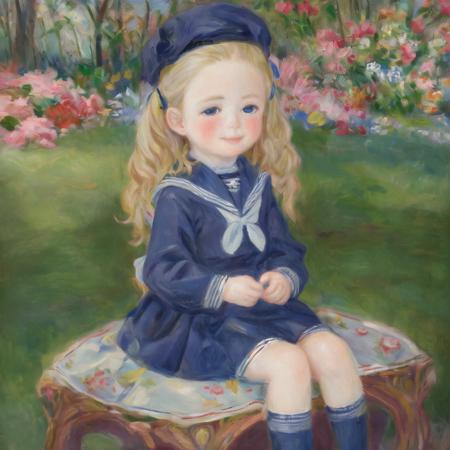 <lora:sar:0.6> srs masterpiece best quality ultra-detailed finely detail highres ((little female child)) two side up long blonde hair ribbon blue long one piece blue long sailor dress blue school uniform blue sailor collar sailor fuku beret long sleeves blush embarrassed smile blue eyes sitting on side english floral garden