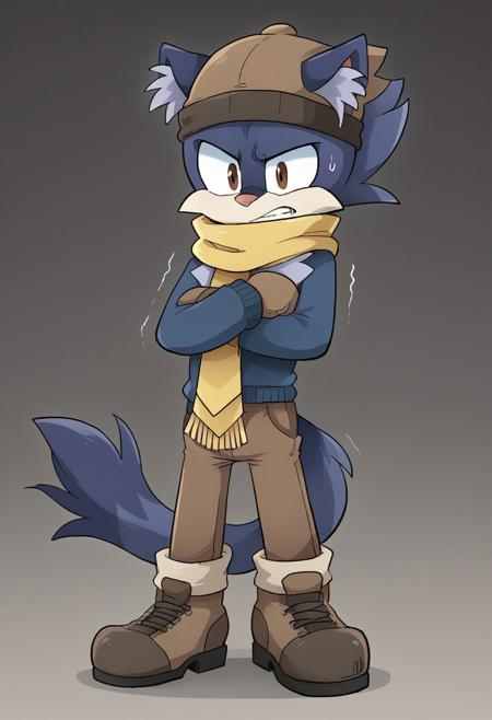 duothecat, blue fur, cat ears, animal nose, animal ear fluff, pointy hair, brown eyes black scarf, grey boxing gloves, grey shoes black sclera, white pupils, white eyes  sonic (series)