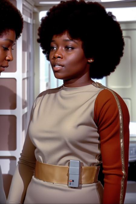 african woman with afro in s1999unf uniform,brown left sleeve<lora:S1999_V2flex-000004:0.8>