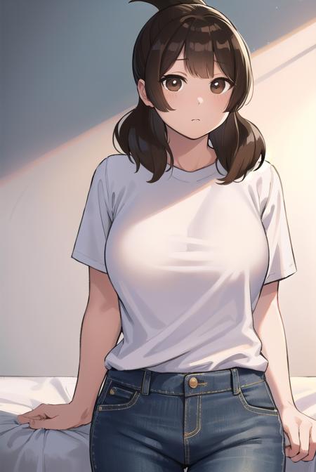 yuiashiro, <lora:yui ashiro-lora-nochekaiser:1>,
yui ashiro, bangs, blunt bangs, brown hair, (brown eyes:1.7), medium hair, ponytail,
BREAK shirt, pants, t-shirt, (white shirt:1.5),
BREAK indoors, bed,
BREAK looking at viewer, (cowboy shot:1.5),
BREAK <lyco:GoodHands-beta2:1>, (masterpiece:1.2), best quality, high resolution, unity 8k wallpaper, (illustration:0.8), (beautiful detailed eyes:1.6), extremely detailed face, perfect lighting, extremely detailed CG, (perfect hands, perfect anatomy),