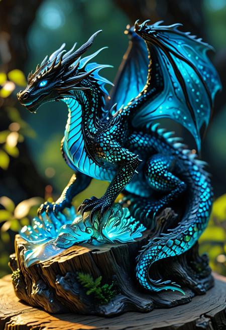 This exquisite high-resolution digital artwork presents a fragile, transparent obsidian and bioluminescent crystal glass sculpture of a dragon gracefully positioned atop a weathered tree stump. The mesmerizing dragon is adorned with bioluminescent markings, and its scales glisten with intricate details, showcasing a remarkable level of craftsmanship. The dragon's eyes are meticulously designed with filigree work, while its supermaximal, glowing skin exudes an ethereal charm. The artwork is imbued with a magical aura, featuring shimmering, sparkling elements, extreme contrast, and vibrant saturation. This exceptional-quality fantasy piece showcases the artist's mastery of captivating details and enchanting, supernatural beauty.