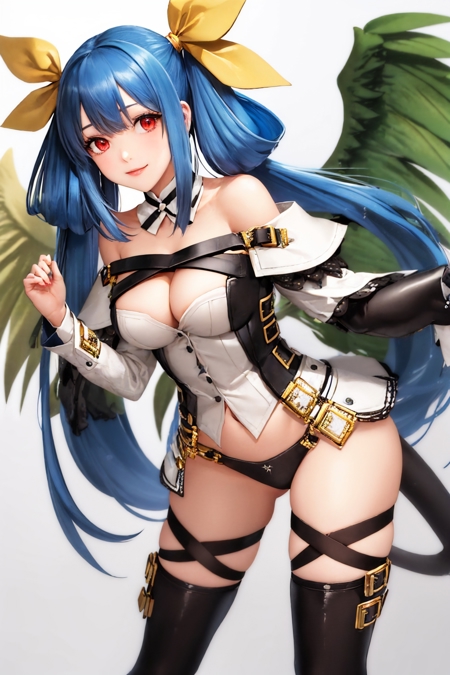ggdizzy hair ribbon detached sleeves underwear thighhighs thigh strap choker belt asymmetrical wings tail tail ornament bare shoulders navel cleavage