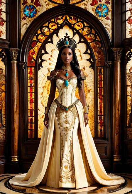 masterpiece, absurdres, 8k, ultra high detail, vivid colors, cinematic lighting, realistic texture, glow, shimmering gradients, intricate textures, luminous lighting, radiant reflections, deep contrast, soft volumetric fog, ambient occlusion, shimmering particles in the air, stained glass wall, intricate cinematic background, center frame, dynamic pose, statue style, no humans
1statue, gemstone eyes, long flowing ebony hair, ivory skin with glowing cracks, wearing an elegant formal gown, adorned with a royal scrimshaw crown, golden gorget, stained glass backdrop casting colorful light, raytracing illumination, volumetric lighting, soft dust particles in the air, rich color tones, high fantasy atmosphere, gothic horror elegance,  standing in a temple made of ebony and ivory bone carving, surrounded by the temple altar and candelabras of metal and ivory