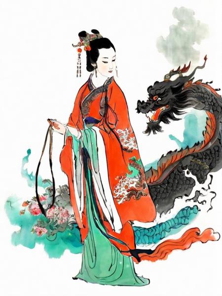 a woman, a dragon on the background, chinese clothing, ink splash, ink texture, ink painting  <lora:Dai_Dunbang-000003:0.7>