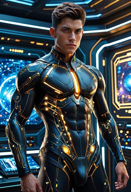 score_9, score_8_up, score_7_up,Transistors,
masterpiece, best quality, Ultra-HD, 8K cinematic, medium shot, a **young male figure** (lean physique, fluid muscle lines, youthful features) in a futuristic command center, wearing a complete outfit design, no nudity/no exposure, covered body, a form-fitting **black suit adorned with intricate golden light pathways tracing his musculature, resembling a glowing circuit network, a pulsating sapphire energy core embedded in his chestplate**, surrounded by blurred holographic maps of distant galaxies, sharp focus on the figure and suit, very aesthetic, new aesthetic, tech-infused mystical, high-fidelity render.
