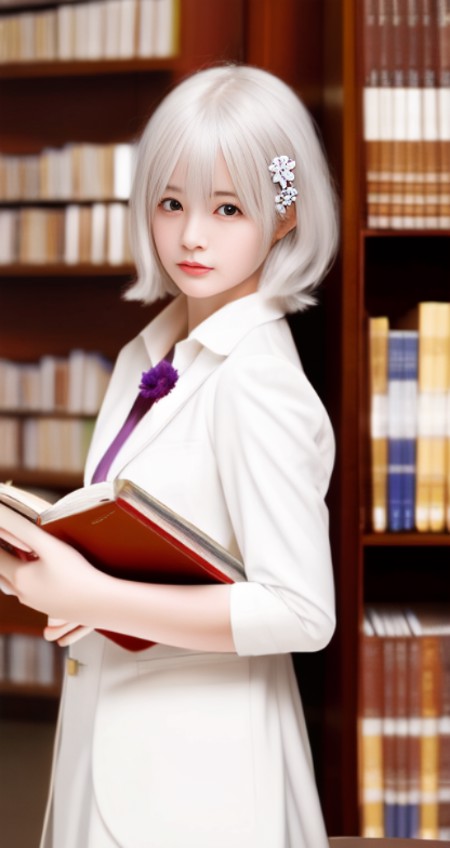 masterpiece, CG, 8k, photo,realistic,a girl, white hair, flower hair, messy hair,library, reading books,school uniform, de...