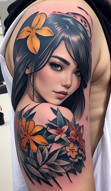 tattoo design, stencil, beach photography, tattoo stencil, traditional, beautiful portrait of a traditional Hawaiian girl with flowers in her hair, upper body, by artgerm, artgerm, artgerm, digital art, cat girl, anime eyes, anime, sexy, super model-s 100