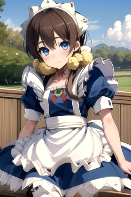 <lora:FionaAH:1>, brown hair, medium-long hair, low pigtails, sky-blue eyes, two giant gold bells, white maid brim, navy maid uniform, white tights, metal shoes and mitten-like gloves Fiona Mayfield brown hair medium-long hair low pigtails sky-blue hair two giant gold bells white maid brim navy maid uniform white tights metal shoes and mitten-like gloves