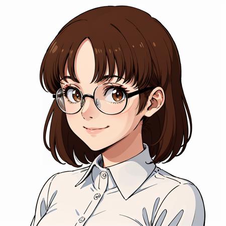 masterpiece,high quality,white background,solo,
<lora:millychilder003:0.5>,looking at viewer,smile,
millychilder,1woman,
middle hair,brown hair,parted bangs,brown eyes,makeup,glasses,round eyewear,
shirt,