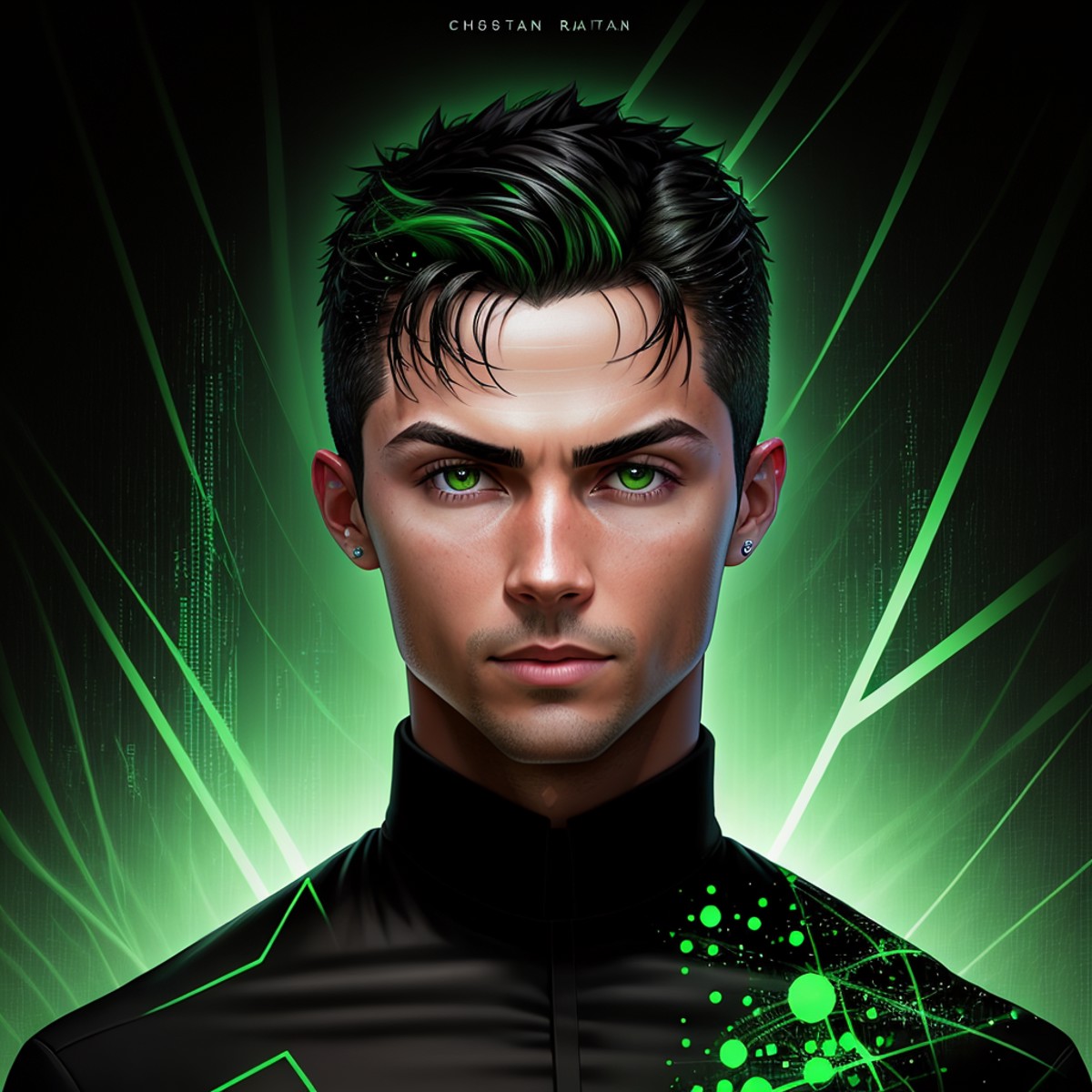 Photo portrait of Cristiano Ronaldo, world from digital symbols, black and green colors, matrix style
