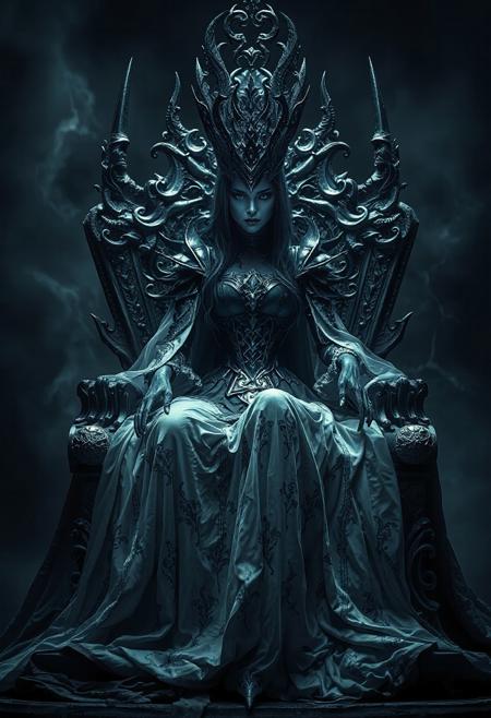 Beautiful full-length queen of darkness sitting on a throne, mystic, dark fantasy, realistic photo, high detail, digital painting, cinematic, stunning, hyper-realistic, sharp focus, high resolution 8k, insanely detailed