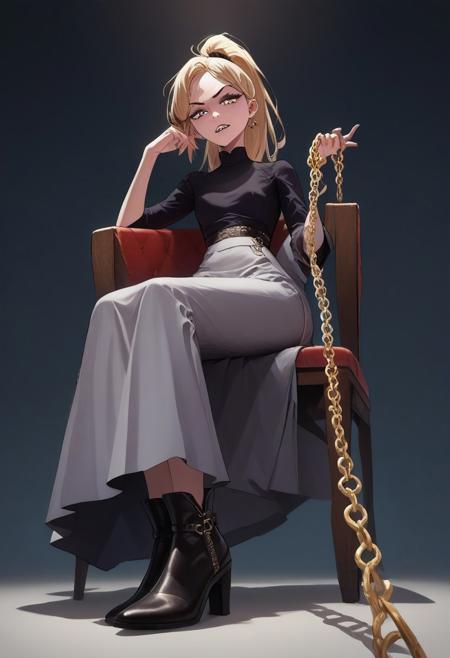 score_8_up, score_7_up, score_8_up, score_7_up, 1 girl,   sitting on chair, small breasts, mocking face, evil, blonde hair, ponytail, from below, black ankle booties, elegant boots, long skirt, gray skirt, black top, office clothes, bossy, v10nl3, looking at viewer, concept art, holding chain