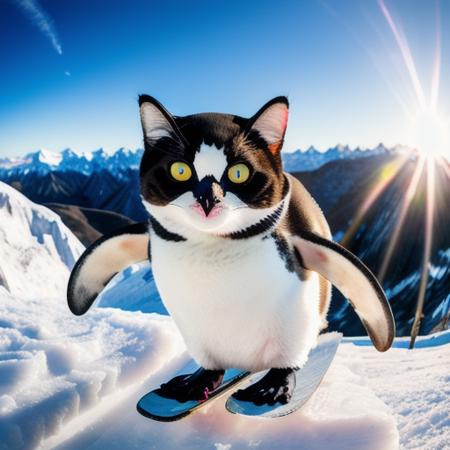 A photo of a cute hybrid of (penguin:1.2) and (cat)  that has penguin body and (cat face:1.5), cat whiskers, cat ears, jumps off a cliff on a (snowboard), wide angle view, the view from the side shows a chasm
god light, bold natural colors, wide angle view,  masterpiece, trending on artstation, photograph, award-winning, documentary, wildlife, 8k,realistic
