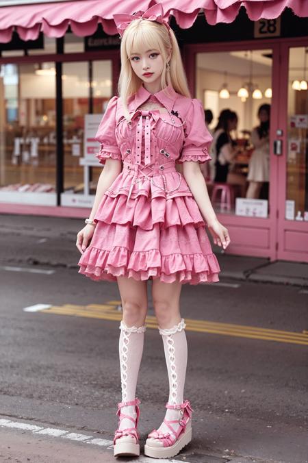 realistic, photorealistic, masterpiece, best quality, 1girl, solo, looking at viewer, long blonde hair, bangs, cool_dress, white socks, pink footwear, standing in street, prefect lighting, <lora:cool_dress_style2_v1:0.75>, <lora:Cute Asian Face:0.5>