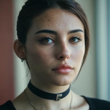 mabeer, (Skin texture, pores), Super high res portrait photo of a woman wearing a small choker,f /2.8, Canon, 85mm,cinematic, high quality, skin texture, looking at the camera, skin imperfections,  <lora:mabeer_xl_1_standard_merger_19_29_48_98_03_03_02_02:1>,natural lips