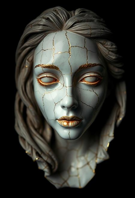 Cracked Porcelain woman face, kintsugi, cracks repaired with gold, surrealistic, dark background, dramatic light