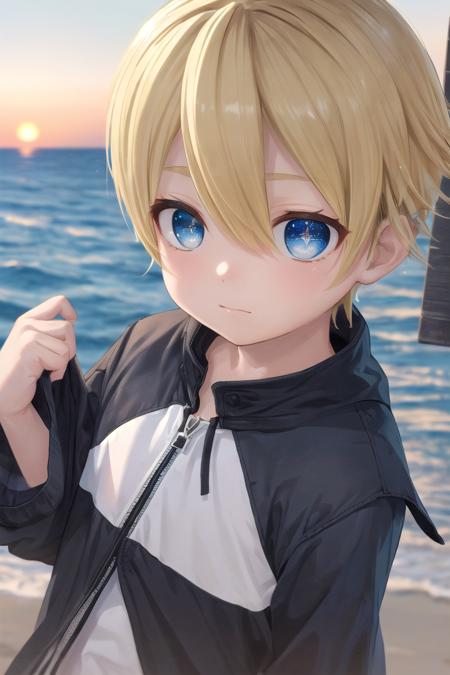 (1boy:1.4),
multicolored background, looking at viewer, hair between eyes, highlight in eyes, (very short hair),
crew cut, (blonde hair:2), (fully clothed :1.4), colorful eyes, ((masterpiece,4:1)), 
multiple details, sky, sea, beach,  whole body, short hair, handsome, (bulge:0.4), 
beautiful eyes (vocaloid), delicate features, high light in eyes, (narrow chin:1.5), triangle chin,  (introvert:1.6)
petite, young, juvenile, short hair, detailed beautiful little boy, adorable boy, sparkling eyes, (sunset beach), muscular:0.6