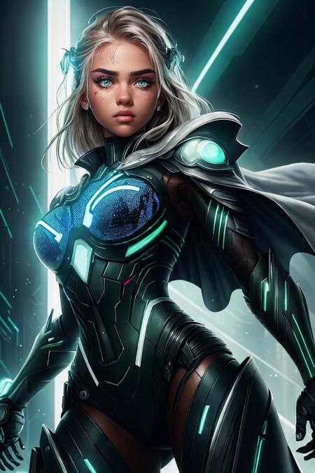 hyperrealistic rendition of, ultra detailed, rea}listic, high definition <lora:MaddieFrancessca_v1:.9> MaddieFrancessca cyborg portrait, (bloody scars:0.7), looking at viewer, solo, half shot, detailed background, close up, detailed face, futuristic glowing iron armor, crystalline pattern, cape, gadgets, robotics, dynamic pose, epic battlefield in background, flashes of light, neon lights, lasers, electricity, hologram, cinematic atmosphere,