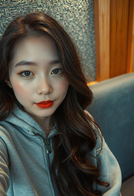DLSR photograph, slender, beautiful  26 year old korean model . Pale skin, 
lighting<lora:MoriiMee_Gothic_Niji_Style_FLUX:0.3500000000000001> <lora:AsirAsianPhotographyflux:0.7000000000000002>
"A close-up selfie of a young woman with long, dark brown wavy hair. She has fair skin, delicate facial features, and is wearing subtle eye makeup with a touch of pink blush on her cheeks and bold red lipstick. She is wearing a light gray zip-up hoodie. The background is slightly out of focus, showing a textured gray surface and a glimpse of vertical wooden panels in warm tones. The lighting is soft and even, highlighting her features. The overall mood is serene and slightly glamorous."