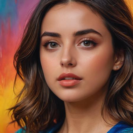 A dreamy, vibrant portrait of Ana de Armas; minutely detailed, with precise, sharp lines, a composition that qualifies as an award-winning photograph, presented in 4K resolution, inspired by master artists like Eugene de Blaas and Ross Tran, employing a vibrant color palette, intricately detailed