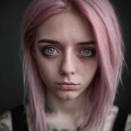 moody portrait, grey eyes, pink hair