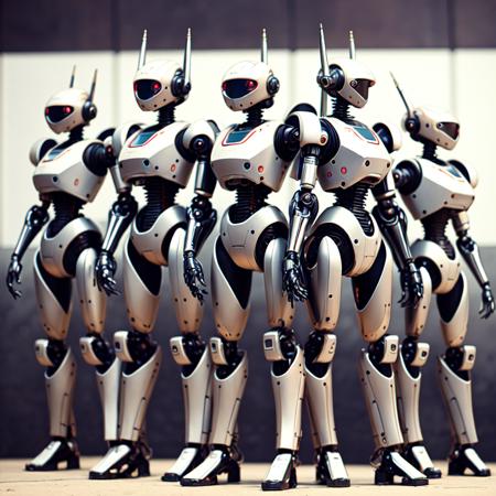 photo, painting of a group of robot standing next to each other (mecharoboto style:1) <lora:djzMechaRobotoV21:0.8>