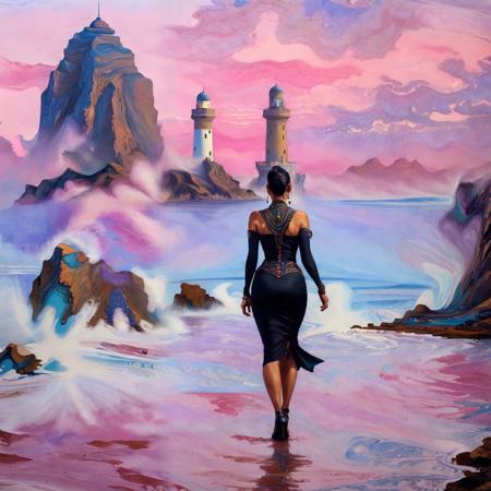 award-winning xlomrblng painting of a mature Egyptian dominatrix walking in a rocky seashore, lighthouse, glowing coloured fog, intricate, crisp lines <lora:xlomrblng:1>