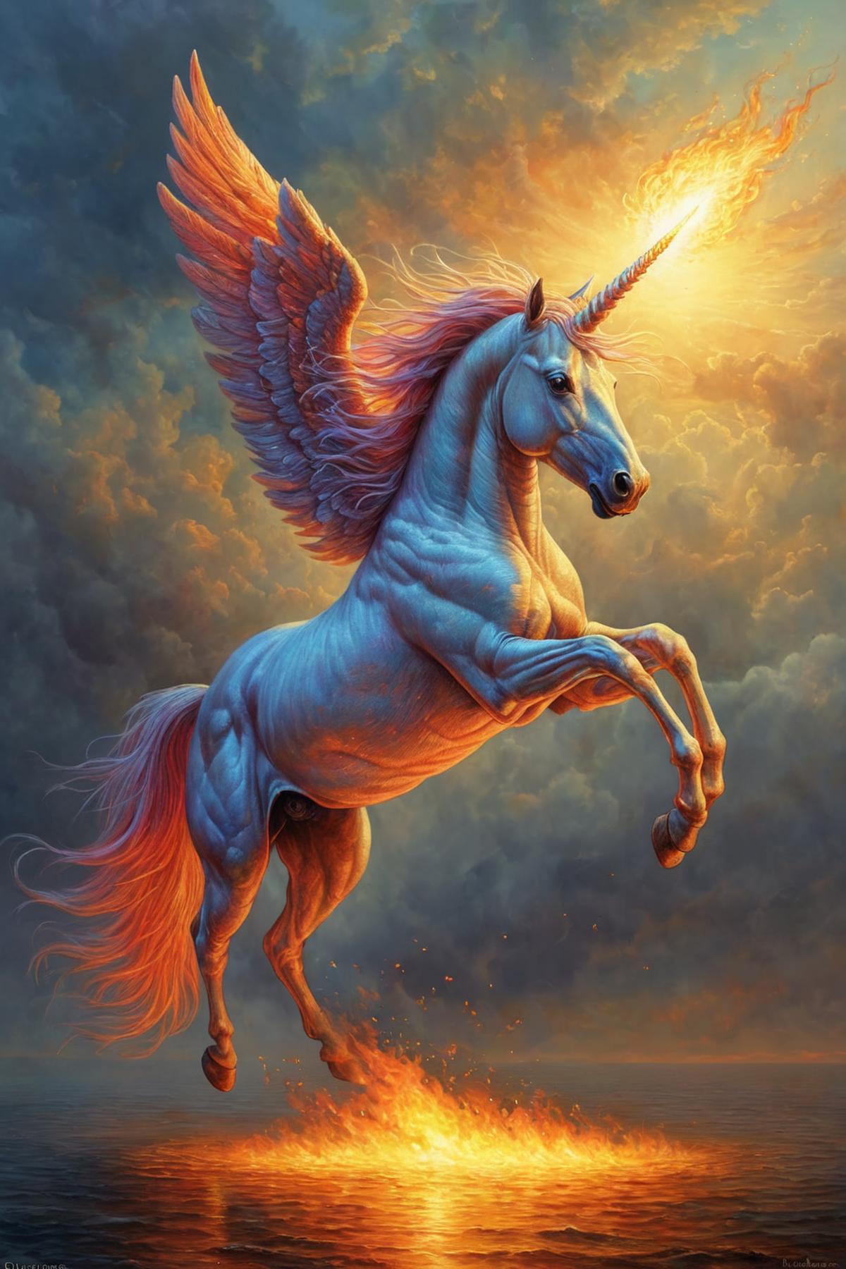 Artistic Illustration of a Blue and White Unicorn with Red Tail and Wings and a Sunbeam Above Its Head.