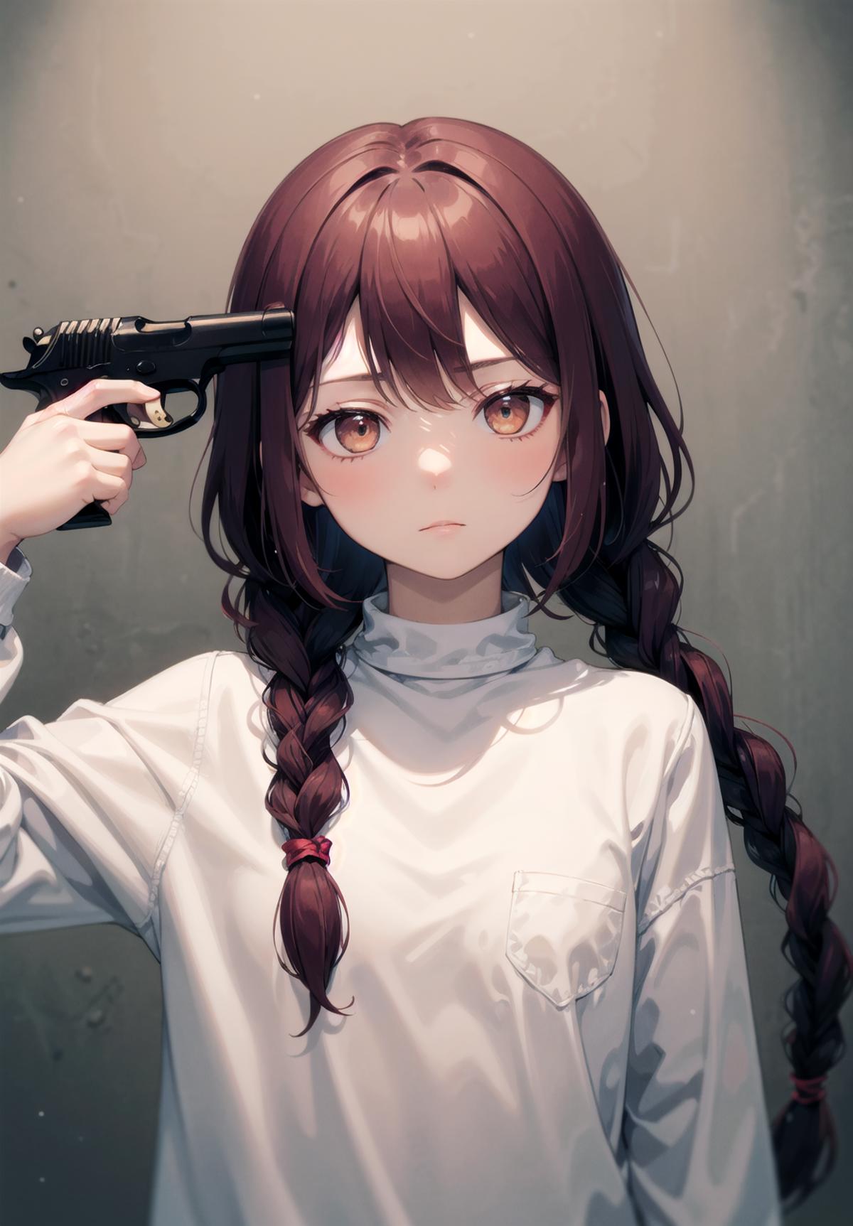 Anime girl with red hair holding a gun to her head.