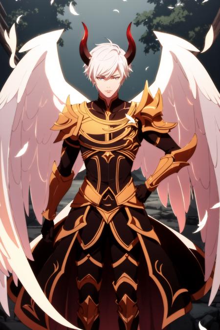 <lora:CREATED_ANIME_ShingekiNoBahamut_Lucifer_v01DanPend77_64dim:0.6>lucifer \(shingeki no bahamut\), 1boy, male focus, full body, white hair, horns, devil, demon, holy light, glowing outline, angel wings, feathered wings, hand on hip, looking down, looking at viewer, armor, pedestal, sunbeam, dappled sunlight, nature background, intricate, detailed, filigree, 64K, f1.2, 800mm, UHD, dynamic lighting