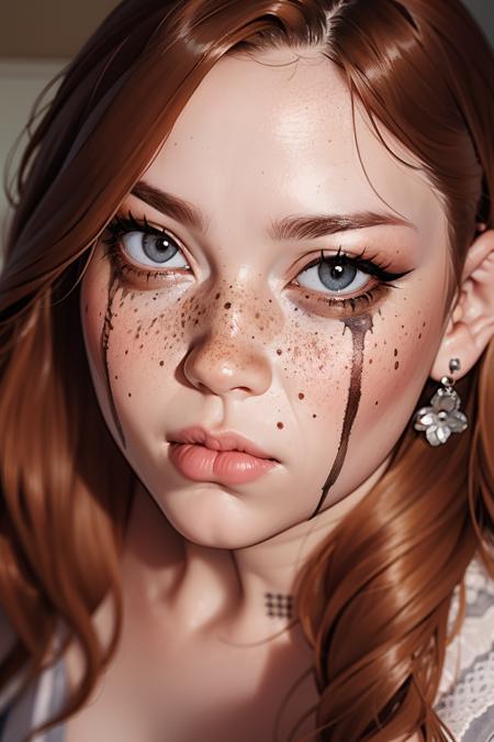 ru1n3dm4k3up, ruined makeup, mascara tears,<lora:ru1n3dm4k3up:0.7>  <lora:detail_slider_v4:1> <lora:Fr3ckles:0.7> Fr3ckles, freckles, ginger hair, medium breasts, long hair,  grey eyes, <lora:weight_slider_v2:0.8> solo, portrait,  <lora:age_slider_v6:0.8>