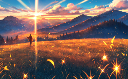 masterpiece, best quality, sakimori, <lora:sakimori:0.75>, outdoors, sparkle background, sparkle, 1990s \(style\), close-up, floating hair, sunset, grass, mountain, mountainous horizon, sunlight, light rays, 8k