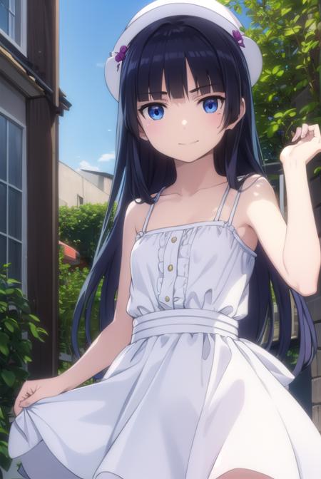 rurigokou, <lora:ruri gokou s2-lora-nochekaiser:1>,
ruri gokou, long hair, black hair, dress, pantyhose, mole, mole under eye, hime cut, smile,
BREAK blue eyes, hat, dress, white dress, sun hat, sundress,
BREAK outdoors, beach,
BREAK looking at viewer, (cowboy shot:1.5),
BREAK <lyco:GoodHands-beta2:1>, (masterpiece:1.2), best quality, high resolution, unity 8k wallpaper, (illustration:0.8), (beautiful detailed eyes:1.6), extremely detailed face, perfect lighting, extremely detailed CG, (perfect hands, perfect anatomy),