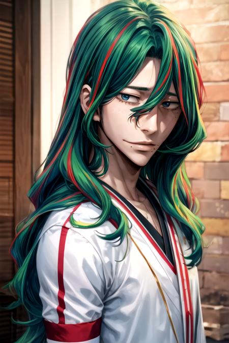 yuusuke_makishima, green hair, blue eyes, long hair, multicolored hair, streaked hair, red hair, hair between eyes, mole, mole under mouth, mole under eye