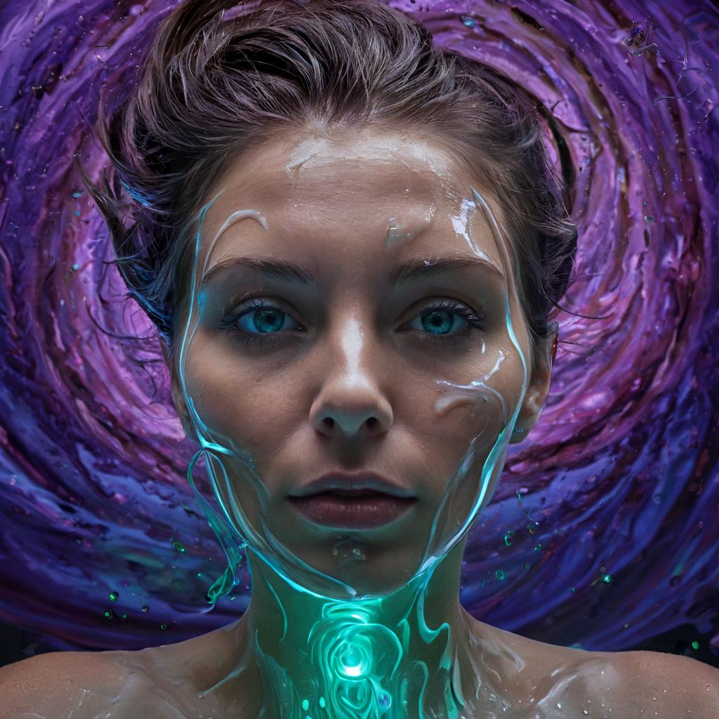 long shot scenic professional photograph of A hyperrealistic portrait of a woman whose head is a swirling vortex of glowing liquid, her features being sucked into the center of the vortex. The liquid glows in vibrant colorsâdeep purples, radiant blues, and neon greensâmixing and spiraling into impossible shapes. Her eyes are still visible, caught in the swirl, staring outward in calm defiance as the vortex pulls the rest of her face into oblivion. Her body is covered in intricate tattoos that constantly shift and move, as if alive. Behind her is a surreal sky full of floating, glowing whirlpools, each one dragging in fragments of reality., perfect viewpoint, highly detailed, wide-angle lens, hyper realistic, with dramatic sky, polarizing filter, natural lighting, vivid colors, everything in sharp focus, HDR, UHD, 64K