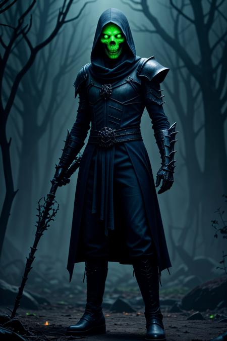 <lora:LCM_LoRA_Weights_SD15:1>,<lora:detail_slider_v4:1.5>,(malevolent lich) with glowing green eyes, wearing a shadowy gray enchanted tunic, spectral trousers, armored boots, holding a gnarled staff with skull topper, surrounded by surrounded by a dark aura, set in a forgotten crypt, where cobwebs hang heavy and the atmosphere is thick with the scent of old bones and dust, during a storm,