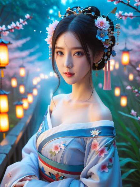 yanyuelou,1girl, colorful hanfu, bare_shoulders, wide_sleeves, cleavage, ï¼ light_particles, Blue eyes,pink_butterfly, flowers, blue flowers,Upper body, star_\(sky\),<lora:yanyuelouSDXL-000008:0.8>
