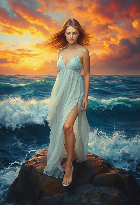 score_9, score_8_up, score_7_up, detailed masterpiece, (maxfield Parish style painting:0.9), 1woman, 25 years old, tall slender redheaded woman standing on a large rock in the ocean,  sunset, stormy sky’s, large windblown waves:0.8, colorful sunset sky, 
looking at viewer, perfect pale white skin, cute face, Scandinavian features, big blue doe eyes, full pouty lips, swarthy, sultry, detailed ginger windblown hair with white highlights, long flowing sheer white dress blowing in the wind, high leg slits, standing, medium perfectly shaped breasts,
hot atmosphere, dreamy light, perfect skin,, dramatic lighting, front view,  dreamy blurred colorful background,