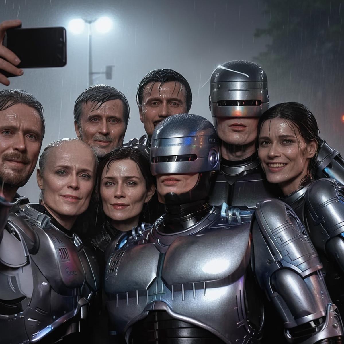 A group of people dressed in silver costumes, including one in a robot suit, pose for a picture.