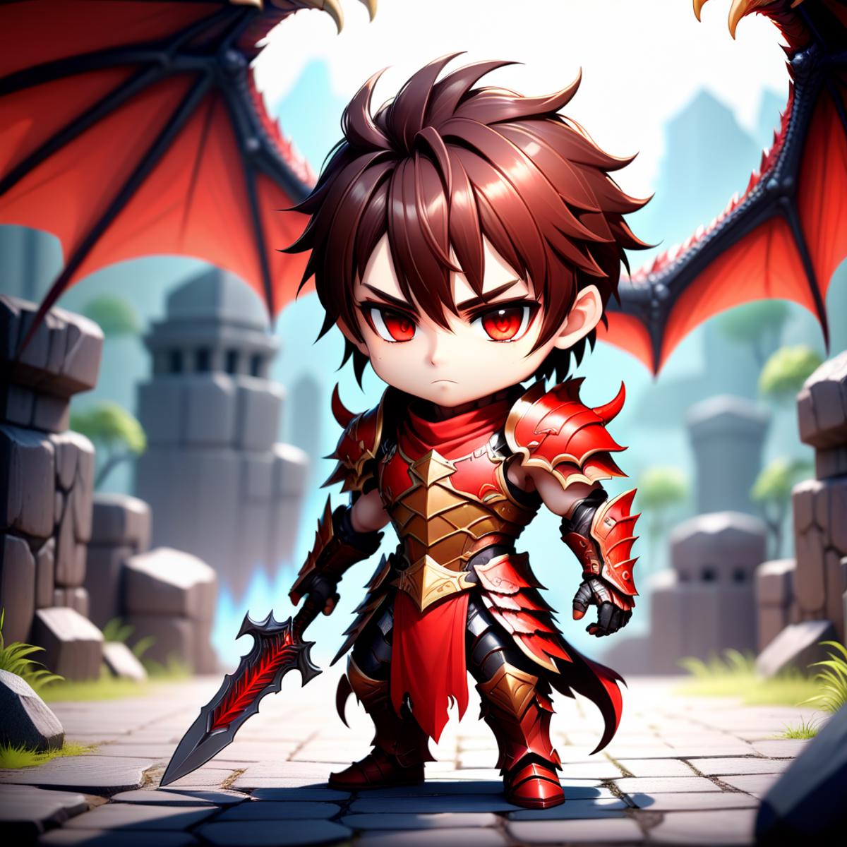 anime 2d chibi style male warrior mmorpg, role playing game, trending on artstation, cinematic shot, with a dragon armor and red wings on