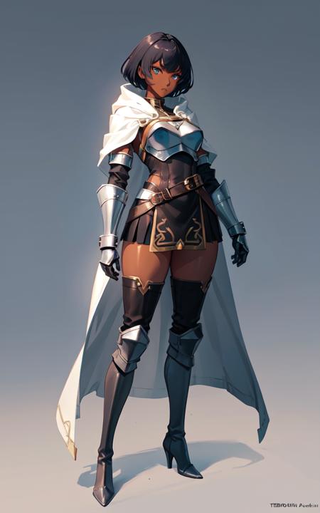 (((dark tanned skin))), anime, a full body portrait of a sermer, (((a woman in a medieval outfit))), (((metal skirt))), (((thie high boots))), (white cloak), short black hair, (blue eyes), athletic, 8k, Unreal Engine 5, octane render, by kyun, gamang, Yoon Gon-Ji, g.ho, gosonjak, shuroop, serious, domi, noah, trending on pixiv, fanbox, skeb, masterpiece, smooth soft skin, big dreamy eyes, beautiful intricate colored hair, symmetrical, anime wide eyes, soft lighting, concept art, digital painting, <lora:sermer:0.4>