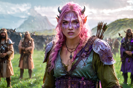 bioluminescent, an orc hunter with green skin, wearing a leather tunic, holding a bow, with a quiver of arrows, solo, from the Bloodfang Clan, with red war paint and bone jewelry, a volcanic wasteland with ash-covered ground, lava pools, jagged rocks, detailed background, scouting from a cliff, looking down, fierce, eyes narrowed, portrait focus, close-up shot, a war paint ceremony with orcs applying paint, chanting, preparing for war, an ale barrel, nearby, on a grass plain, soft grass, cloudy, overcast sky, diffused light, cool tones, dawn, soft pink and orange hues, early light, fresh air, best quality, vibrant colors, photorealistic style, high detail, high-definition, hyper-realistic, extremely high-resolution details, fine texture, incredibly lifelike, realistic, not cartoon, not drawing, highres, 4K resolution, source photo, realistic photo, masterpiece, best quality, amazing quality, very aesthetic, ultra-detailed, detailed textures, natural lighting, soft lighting, forest green tones, deep greens and browns, dusk light, deep orange and purple glow, back shot, character facing away, <lora:Mystic_Lumina_r1-000007:0.9>