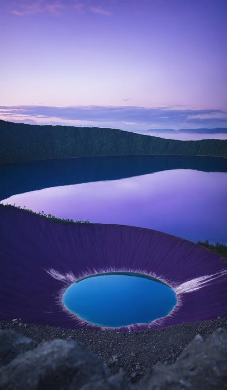 Calm purple evening light, of blue hour, deep blue Lake Mashu in a crater, Akan Mashu National Park, Hokkaido, Japan, Asia, copy space, design template, breathtaking photograph, dramatic light, award-winning, professional, highly detailed . 35mm photograph, film, bokeh, professional, 4k ,minimalistic, daylight, warm atmosphere, <lora:add-detail-xl:1>, cinematic look, <lora:SDXLHighDetail:0.3>