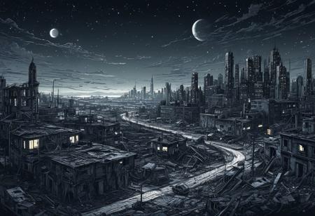 Apocalyptic Vision landscape of abandoned  big city under night sky fullof stars, lineart style