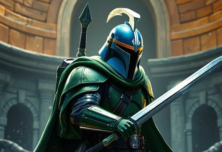 Star Wars inspired Sacred Knight of Custennin, green armor, blue helmet w/ yellow visor & white stripe, green backpack, sword. Imperial Tomb backdrop. Dynamic pose, splash ink illustration, octane render, Unreal Engine , Raphael style, Houdini style, trending on Artstation HD, 8k, detailed, atmospheric, immaculate, CGsociety.