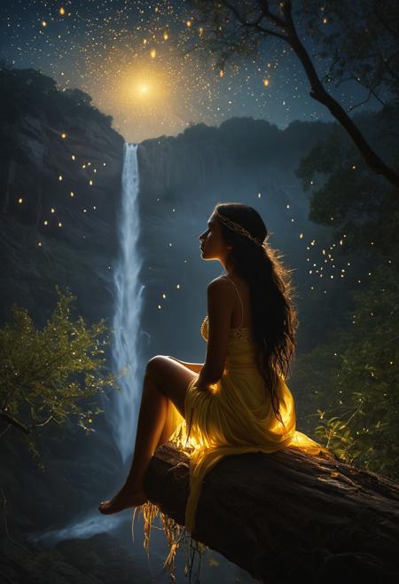 Hyperrealism, 
Young Native American woman silhouette, 
seated on a twisted branch, 
backdropped by a star-filled sky cast in lunar gold, 
serene expression, 
eyes engaging with perfection, 
amidst a swirling dance of fireflies, 
hands poised gracefully, 
waterfall cascade shimmering softly in the distance, 
enveloped by an enchanting haze, 
chiaroscuro lighting, 
magical aura, 
dramatic lighting, 
ultra realistic, 
yellow, 
red, 
blue, 
pink, 
green, 
brown, 
white, 
Mysterious