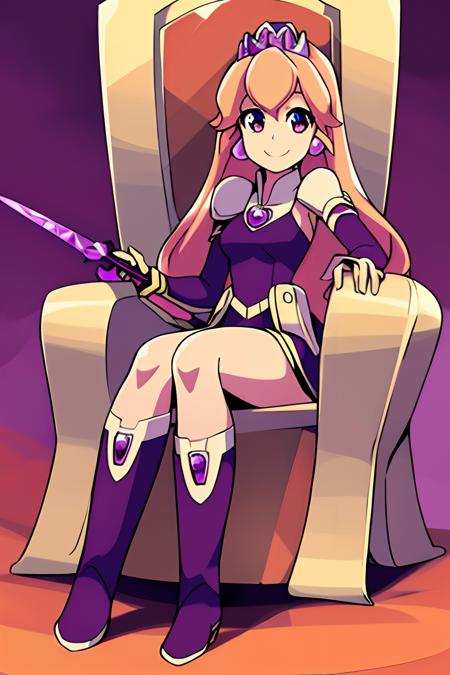 masterpiece, best quality, beautiful, looking at viewer, crisp, clear, cute, perfect body, 1girl, solo, throne room background, smile, eyes close, sitting on throne, throne, princess amethyst, sword, rich colors, full body