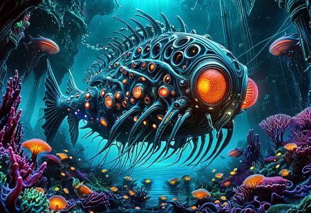 Concept: realistic style, grotesque, magnificent, bio-mechanical, organic, alien, underwater, living, evolving, terrifying, beautiful.
Core Elements: DonMX3n0, ocean, deep sea, organic growth, metallic structures, alien, intricate, pulsating light, marine life.
Atmosphere/Mood: mysterious, unsettling, powerful, ancient, eerie, captivating, sublime, chaotic, awe-inspiring, silent.
Setting Details: abyssal alien ocean, perpetual darkness, glowing organic currents, strange underwater formations.
Central Figure Details: underwater landscape. Giant coral-like structures, gleaming metallic pipes. Fish-like creatures with bioluminescent scales. Deep-sea vents, glowing organic fluids. Predatory creatures with chitinous armor and metallic jaws. Submarine flora, eerie light. Colossal bio-mechanical ruins.
Lighting: ominous, pulsating internal glow (bio-luminescent), deep, oppressive darkness, faint, unsettling reflections on metallic surfaces, eerie glows from vents.
Composition: wide shot, deep perspective, central focus on the underwater, leading lines of structures, immersive view, artistic framing, epic, symbolic.
Color Palette: deep blues, murky greens, obsidian blacks, bruised purples; pulsating neon yellows, electric oranges, metallic silvers, glowing reds. Dark, rich, high contrast, otherworldly.
Quality: photorealistic, ultra detailed, intricate textures, cinematic atmosphere, striking, hyperrealistic, artistic, underwater, sci-fi horror, fantastical, biomechanical.